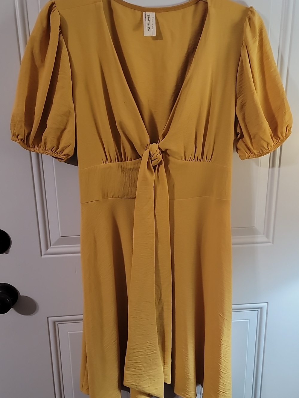 Mustard Tie-Front Puff Sleeve Dress - Find Me Plus